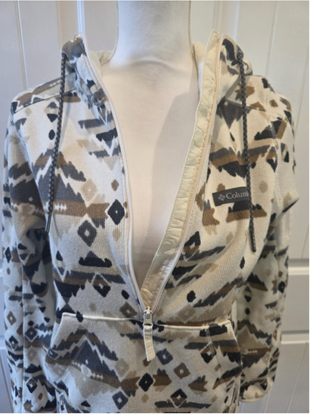 Columbia Sweater Weather Fleece Hooded Quarter Zip Sz S Cream Aztec Outdoor Hike - Picture 8 of 14